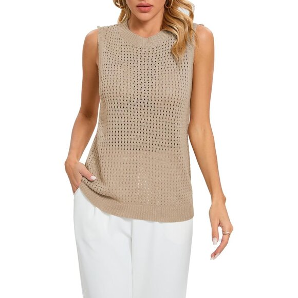 🆕 Women Khaki Mesh Crochet Tank Top Sexy Sleeveless Crew Neck Knit Loose Shirt - Picture 2 of 7